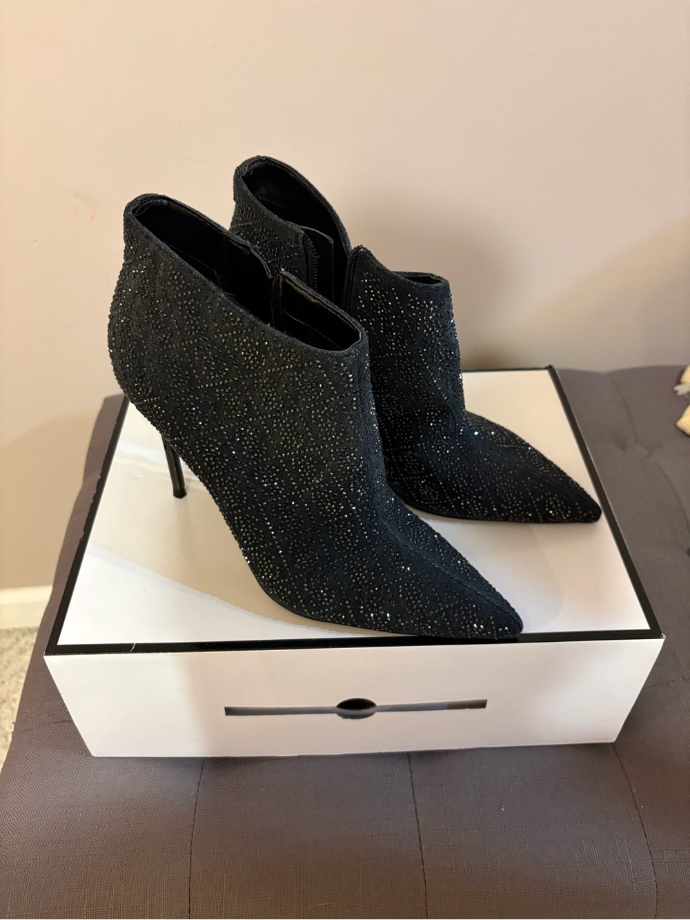 Guess Black Crystal-Embellished Pointed Stiletto Ankle Booties